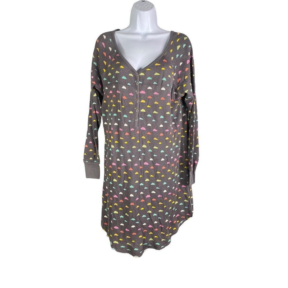 Hello Nite Womens Sleepshirt Gray Multicolor Cloud Round Hem Button Henley S New